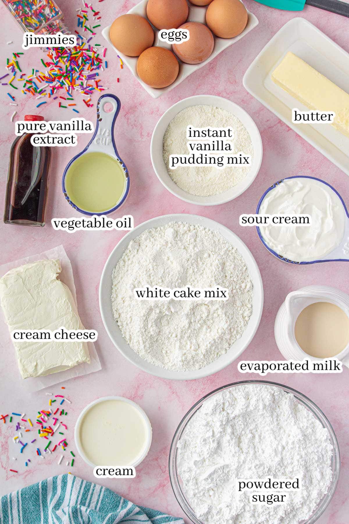 All of the ingredients for the cake recipe, with print overlay for clarification.