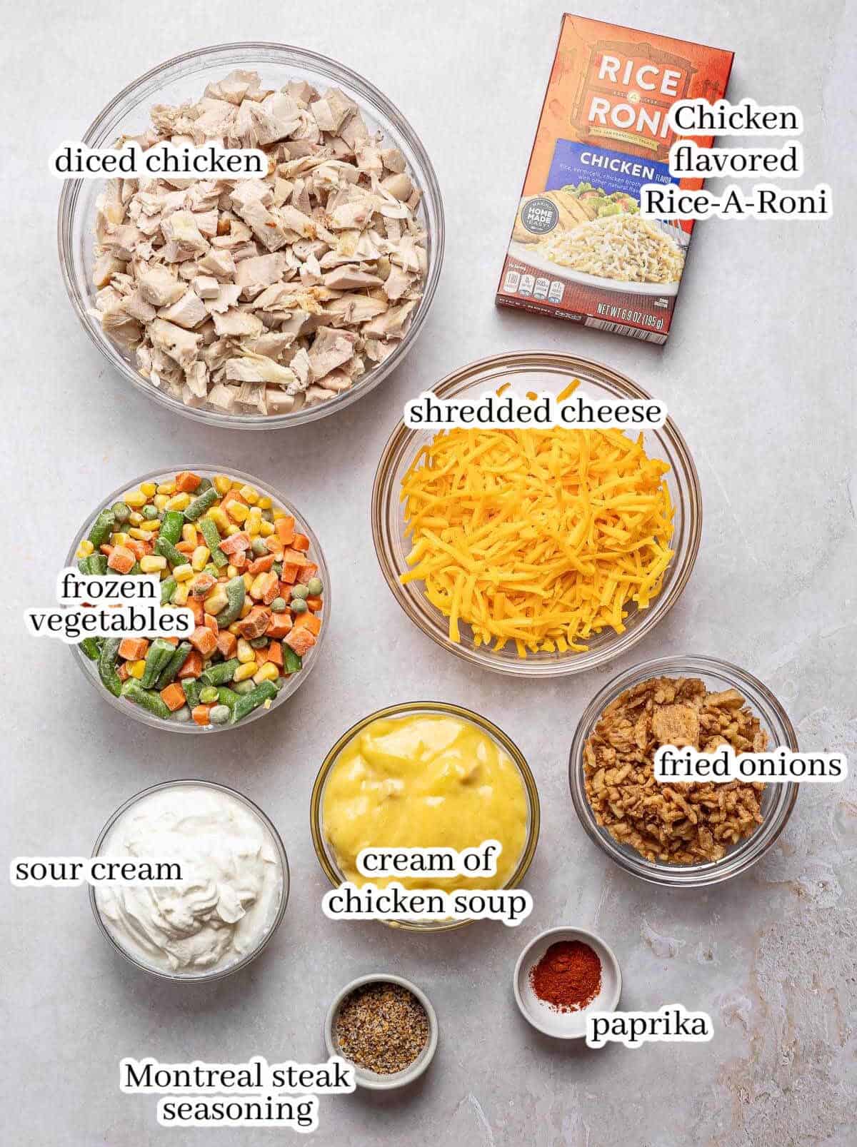 All of the ingredients to make the casserole dish, with print overlay.