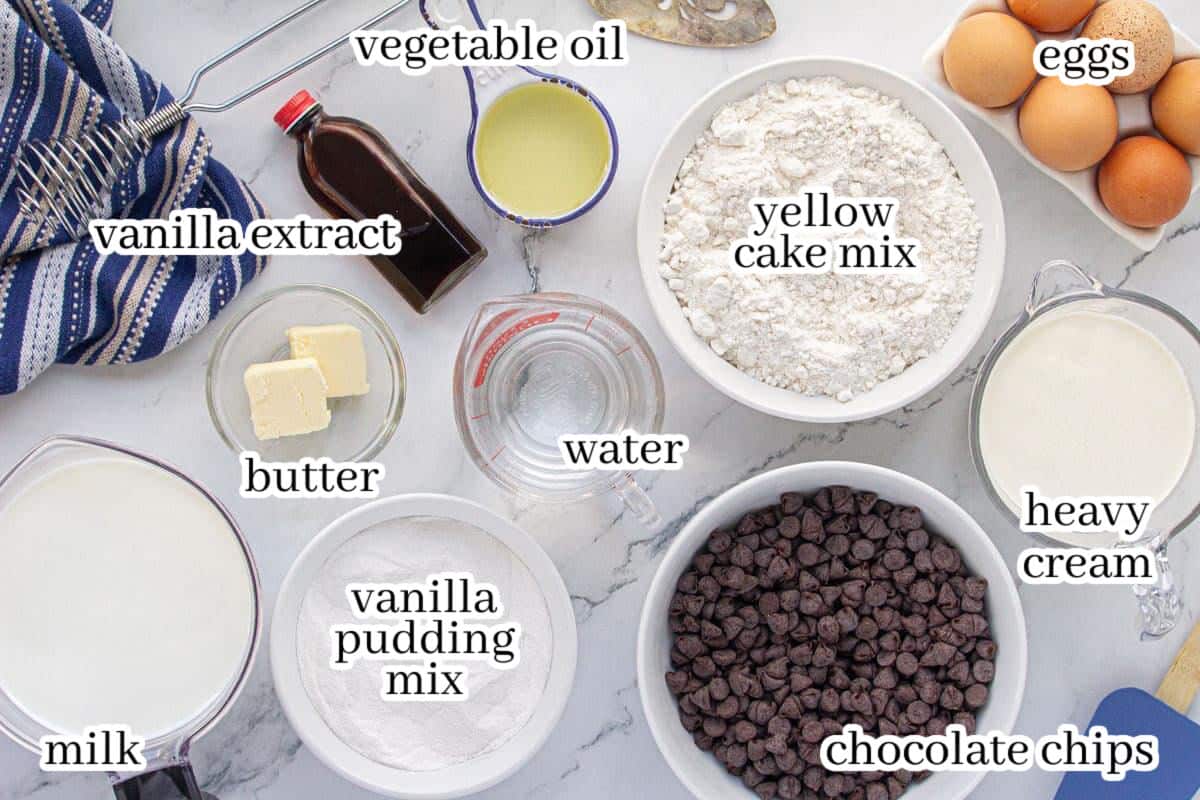 An overhead shot of ingredients for the poke cake recipe. With print overlay for clarification.