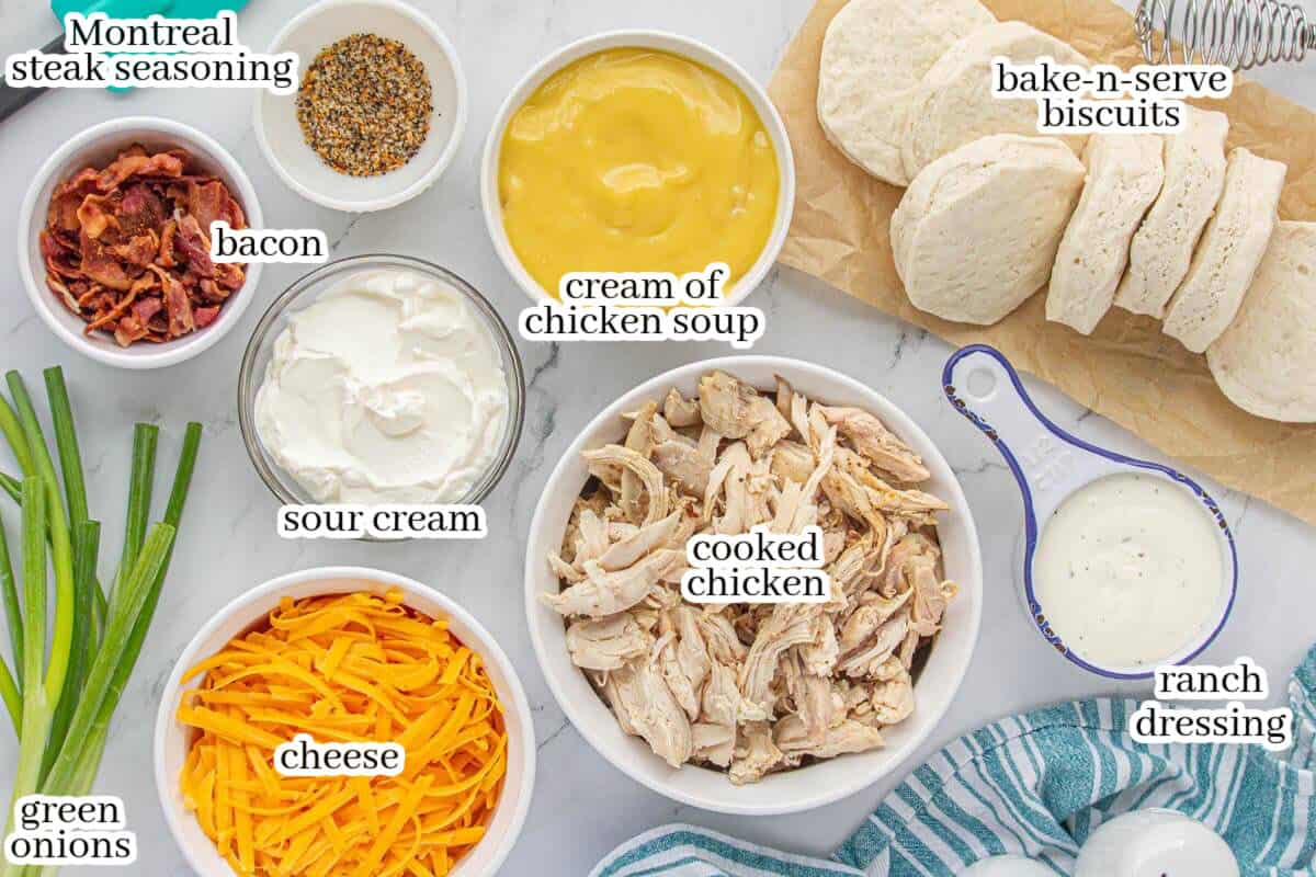 Labeled ingredients for the casserole laid out on a white countertop, including shredded chicken, bacon, cheese, soup, sour cream, and biscuit dough.