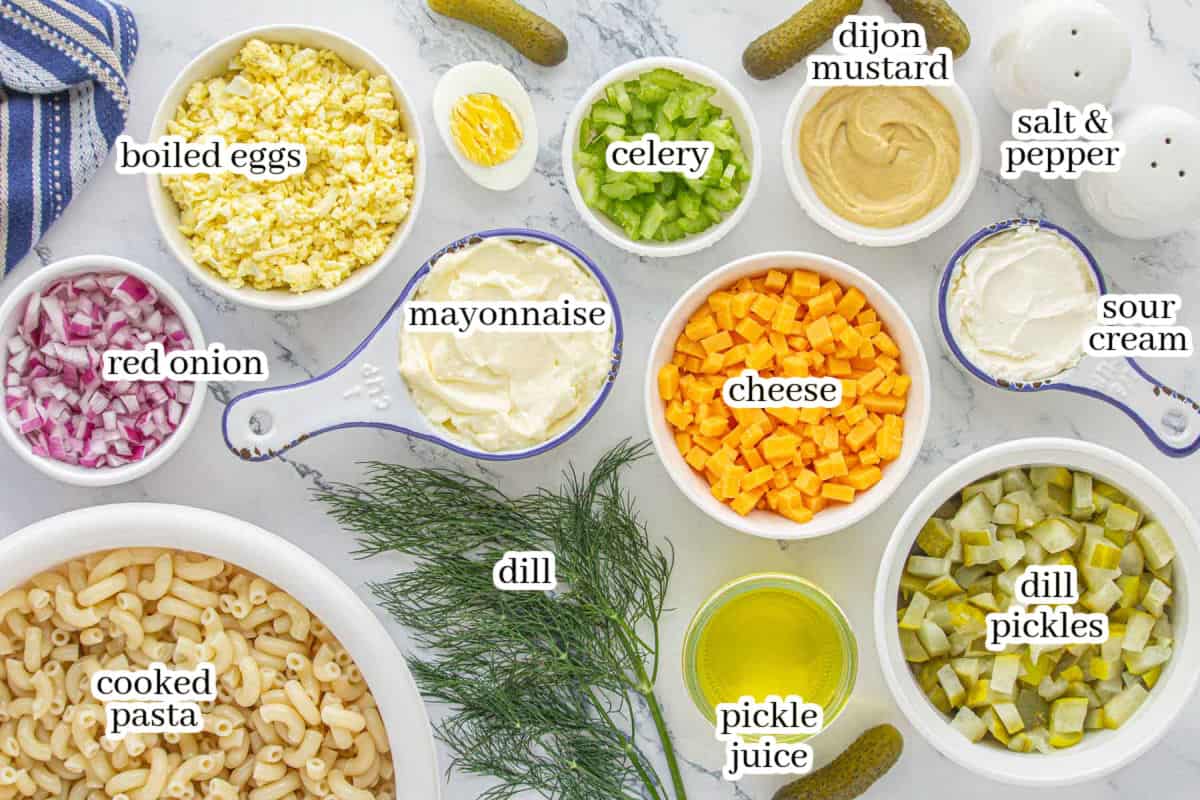 Overhead view of the ingredients for the pasta salad recipe.