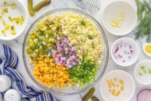 A large mixing bowl filled with chopped dill pickles, cheddar cheese cubes, red onion, celery, and chopped hard-boiled eggs arranged over cooked elbow macaroni, ready to be mixed.