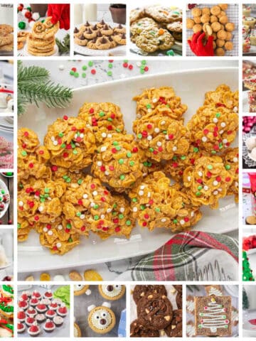 A festive collage of easy Christmas cookies, homemade fudge and candies, all arranged in a festive holiday layout.