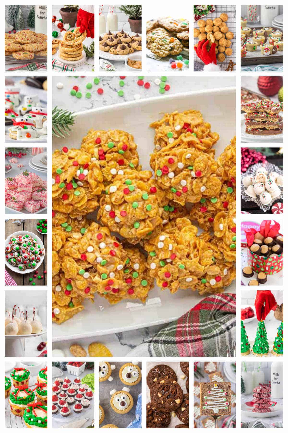 A festive collage featuring a variety of easy Christmas cookies, candies and treats all arranged in a colorful holiday themed layout.