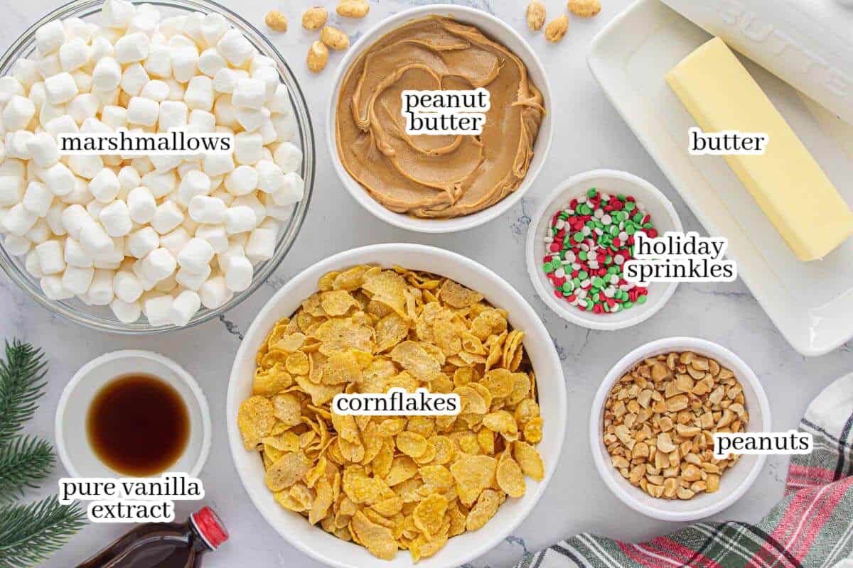 Overhead image showing labeled ingredients for peanut butter cornflake cookies.