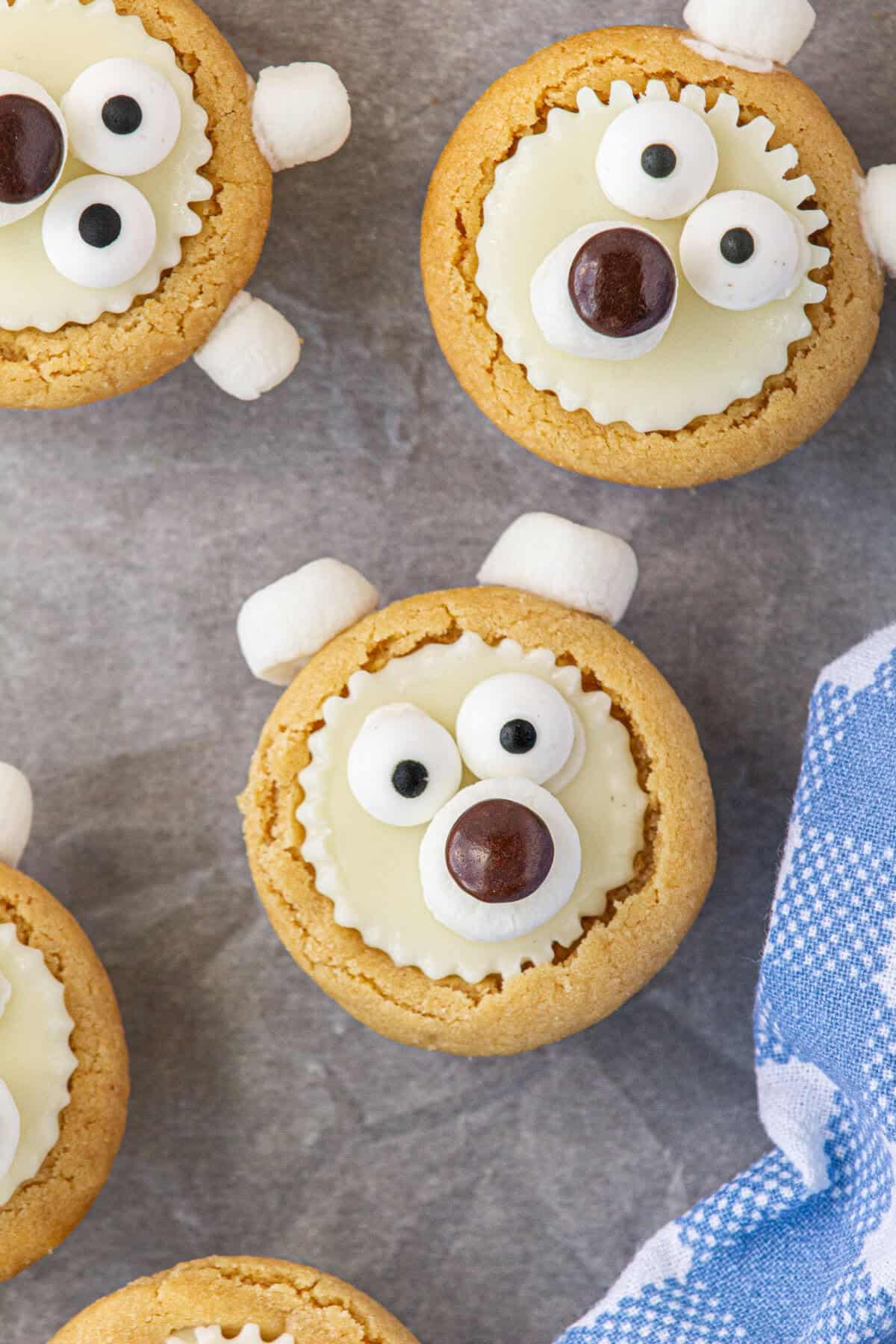 Close up of adorable peanut butter cookie cups decorated with mini marshmallows, candy eyes with a chocolate candy nose.