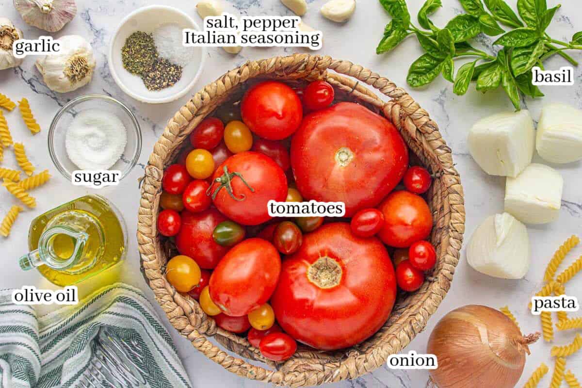 An overhead view of all the ingredients to make the recipe; tomatoes, onions, garlic, pasta, olive oil, sugar, salt, pepper, Italian seasoning and fresh basil.
