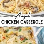 Creamy Angel Chicken Casserole with mushrooms and sun-dried tomatoes serving on a white plate, with casserole with serving spoon.