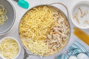 Cheese, pasta and cooked chicken in a large skillet to stir into a creamy sauce.