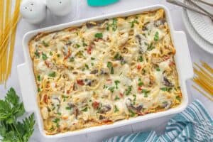 Baked Angel Chicken Spaghetti in a casserole dish, baked until golden brown on top.