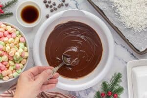 Melted chocolate in a white bowl being stirred with a spoon.