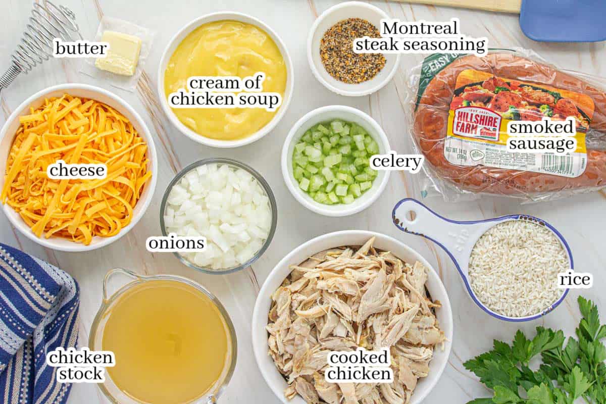All of the ingredients needed to make the casserole, with print overlay for clarification.
