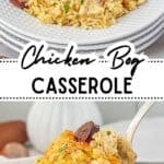 Two images of Chicken Bog Casserole: one shows a plated serving with sausage and cheesy rice, and the other shows a spoonful lifted from a casserole dish. Text overlay reads “Chicken Bog Casserole.”