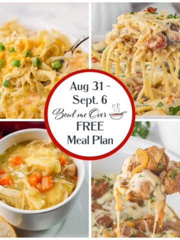 A collage of photos for Bowl Me Over Weekly Meal Plan 36, with print overlay for clarification.