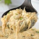 Hearty serving of crockpot chicken and dumplings in a black ladle, with shredded chicken, soft dumplings, and parsley garnish.