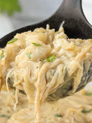 Hearty serving of crockpot chicken and dumplings in a black ladle, with shredded chicken, soft dumplings, and parsley garnish.