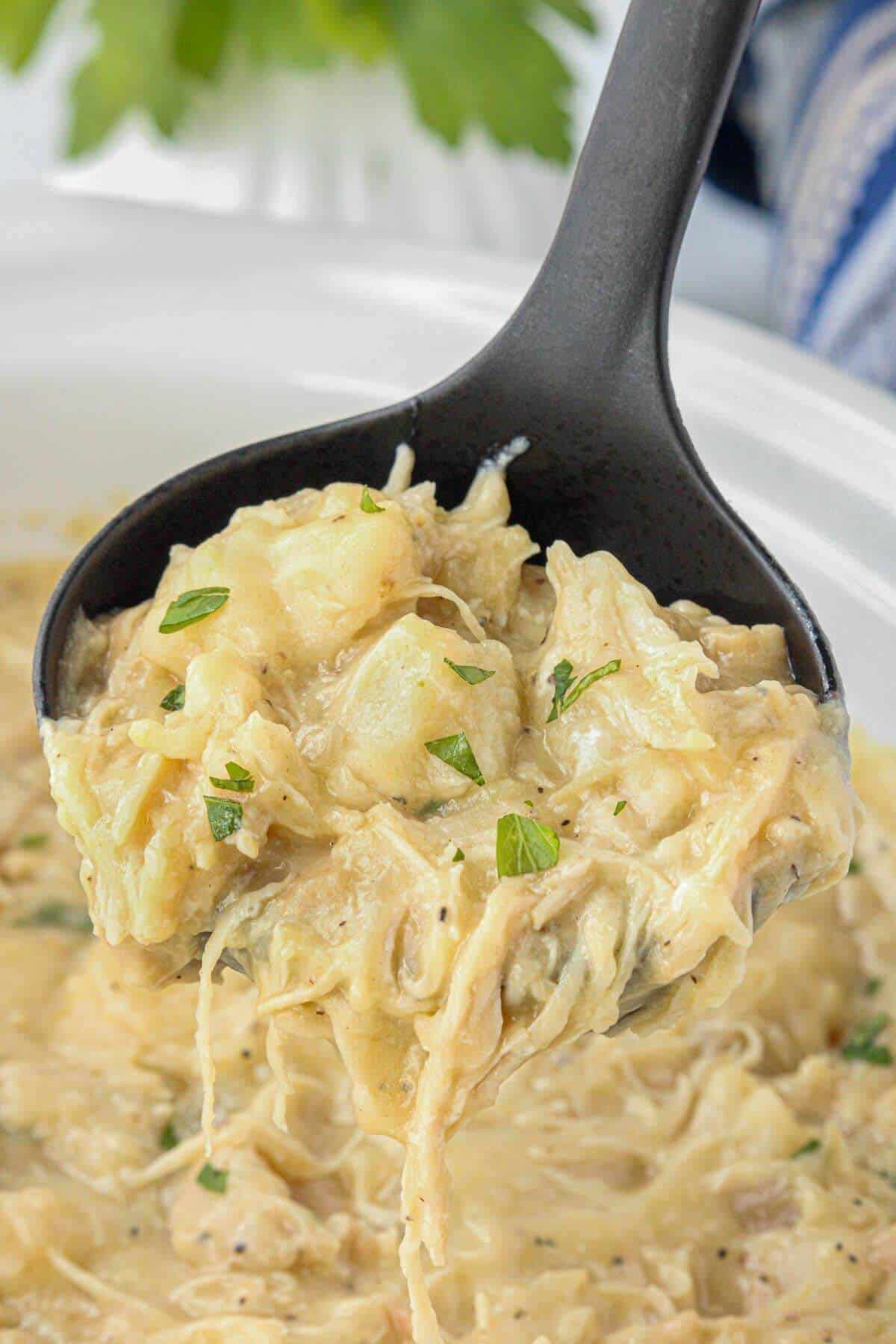 Black ladle lifting a hearty scoop of creamy chicken and dumplings from the crockpot, showing shredded chicken and fluffy dumplings.