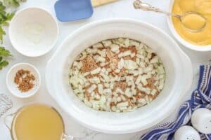 Raw chicken breasts topped with diced onions and seasoning inside a white slow cooker, surrounded by small bowls of spices and ingredients.