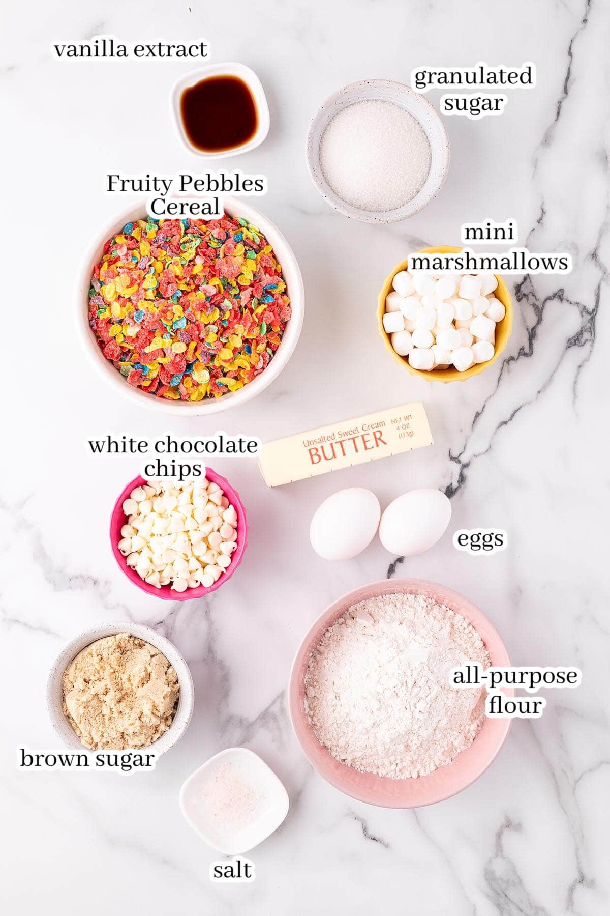 All of the ingredients to make the bar recipe, with print overlay for clarification.