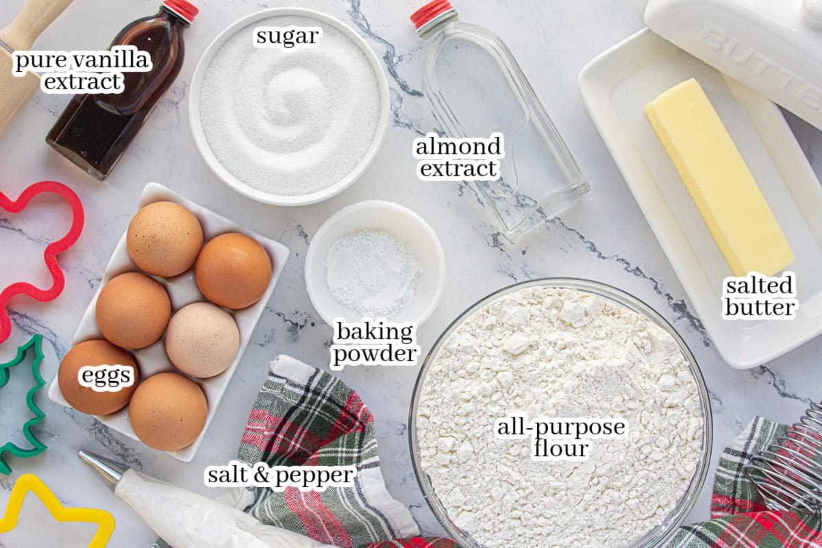 All of the ingredients to make the roll-out cookie recipe. With print overlay for clarification.