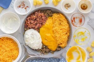 Fry pan filled with cooked ground beef and onions. There's sour cream, cheese soup, shredded cheese and bacon crumbles on top ready to be stirred in.