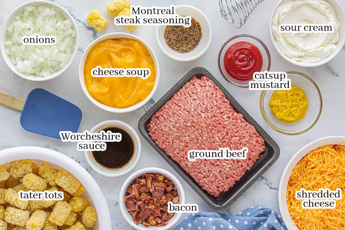 Ingredients for cheeseburger casserole displayed on a counter: ground beef, tater tots, bacon, cheese soup, shredded cheese, onions, sour cream, ketchup, mustard, Worcestershire sauce, and Montreal steak seasoning.