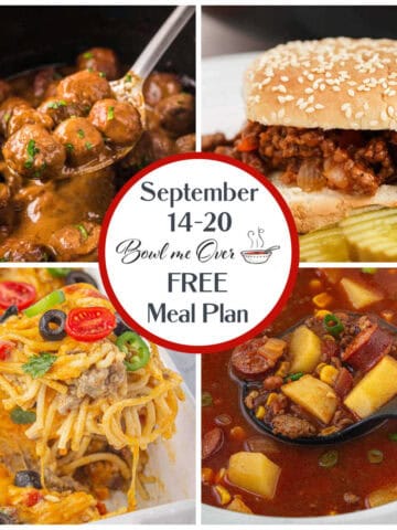 Weekly meal plan collage for September 14–20 from Bowl Me Over, showing crockpot meatballs in gravy, a sloppy joe sandwich with pickles, cheesy baked spaghetti casserole topped with olives and tomatoes, and cowboy stew with potatoes and beans.