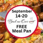 Weekly meal plan graphic for September 14–20 from Bowl Me Over, featuring close-up photos of grilled shrimp, crockpot meatballs in gravy, hearty cowboy stew with potatoes, and cheesy baked spaghetti casserole.
