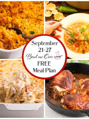 A collage of photos for weekly meal plan 39, including baked chicken, a tortellini casserole, white chili soup and a Ritz Cracker chicken casserole.