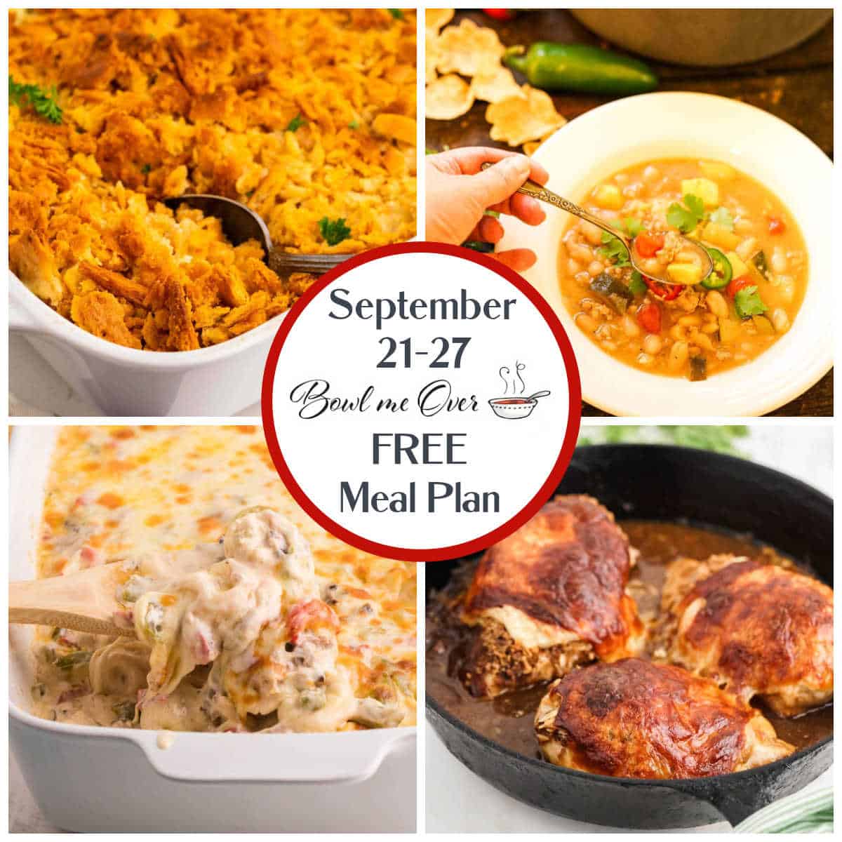 A collage of photos for weekly meal plan 39, including baked chicken, a tortellini casserole, white chili soup and a Ritz Cracker chicken casserole.