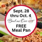 A collage of four photos for Weekly Meal Plan 40 including pot stickers, taco meat, hamburger casserole and baked chicken thighs. With print overlay for clarification and Bowl-Me-Over.com.