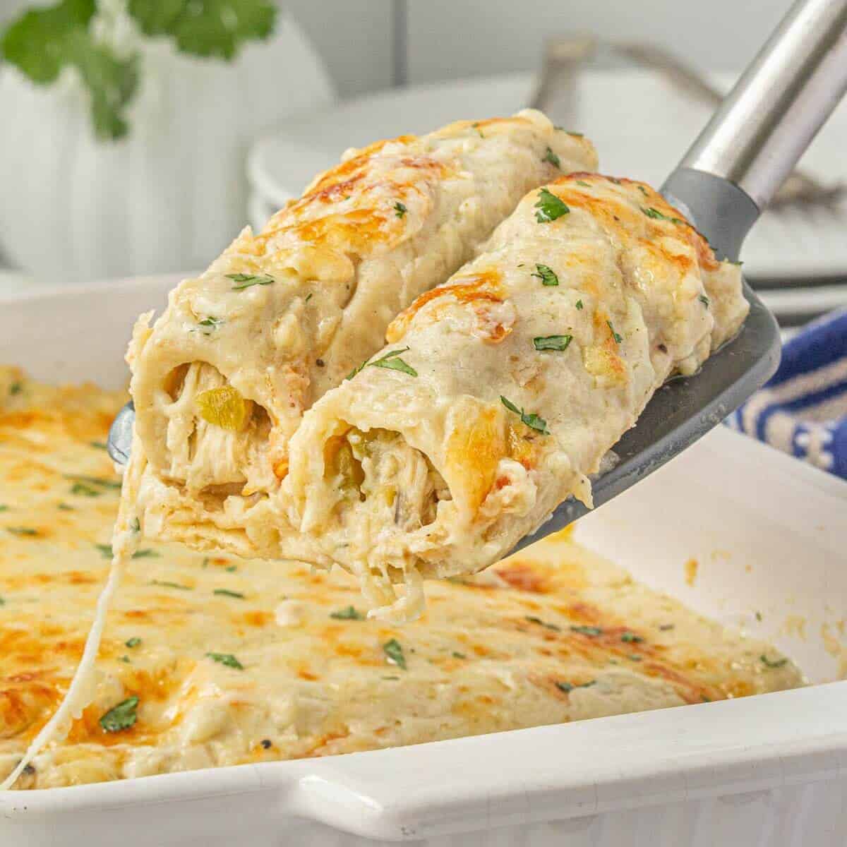 Zoomed-in view of melty, creamy white chicken enchiladas being lifted from the pan-cheese pull and green chiles visible in every bite.