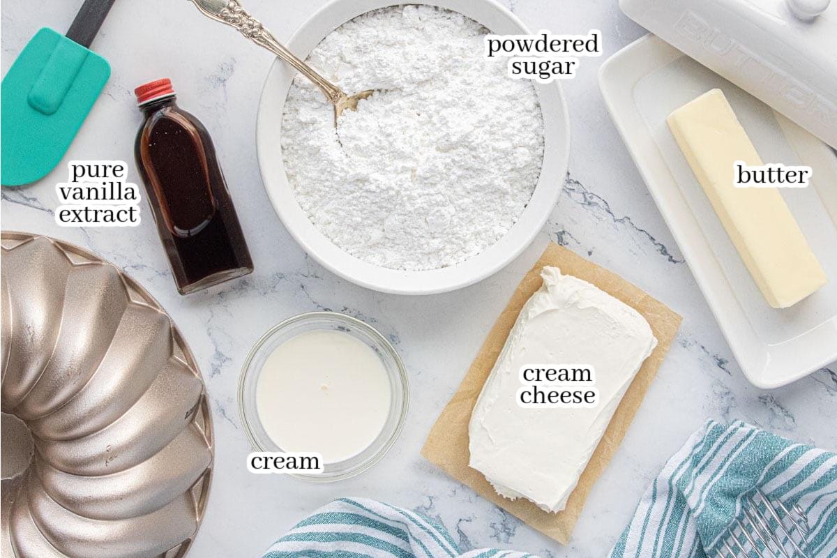 All of the ingredients to make the frosting recipe. With print overlay for clarification.