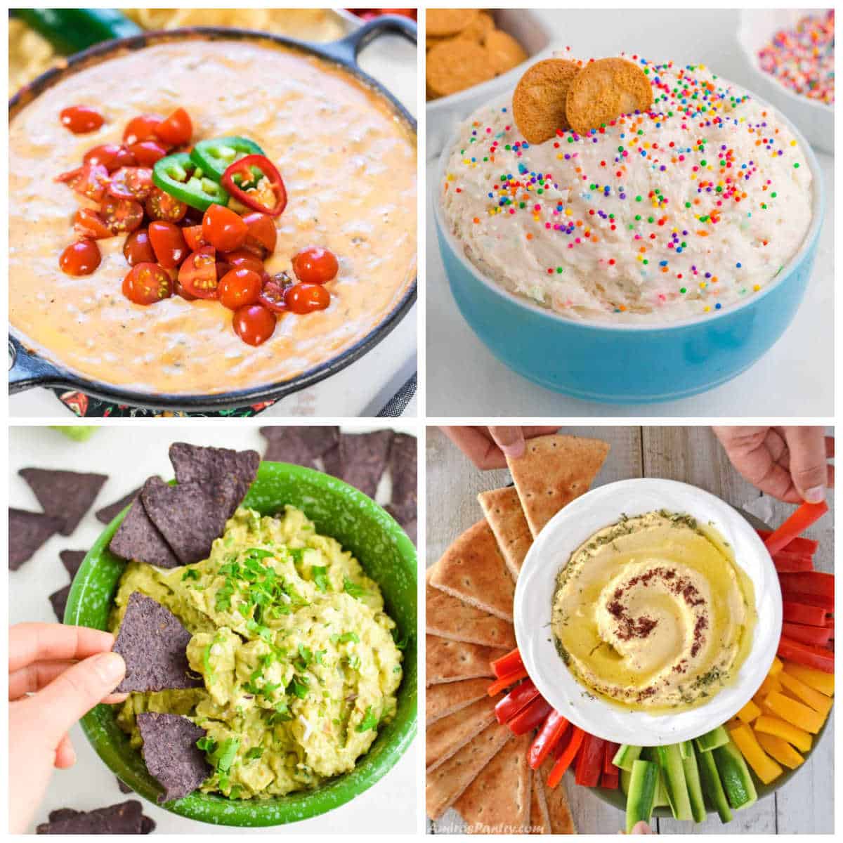 Collage of kid-friendly dips: queso with tomatoes and jalapeños, funfetti dip with sprinkles, guacamole with blue chips, and hummus with pita and veggies.