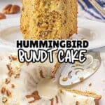 A moist slice of Hummingbird Bundt Cake with cream cheese glaze and chopped pecans on a white plate, next to a full glazed bundt cake topped with toasted nuts.