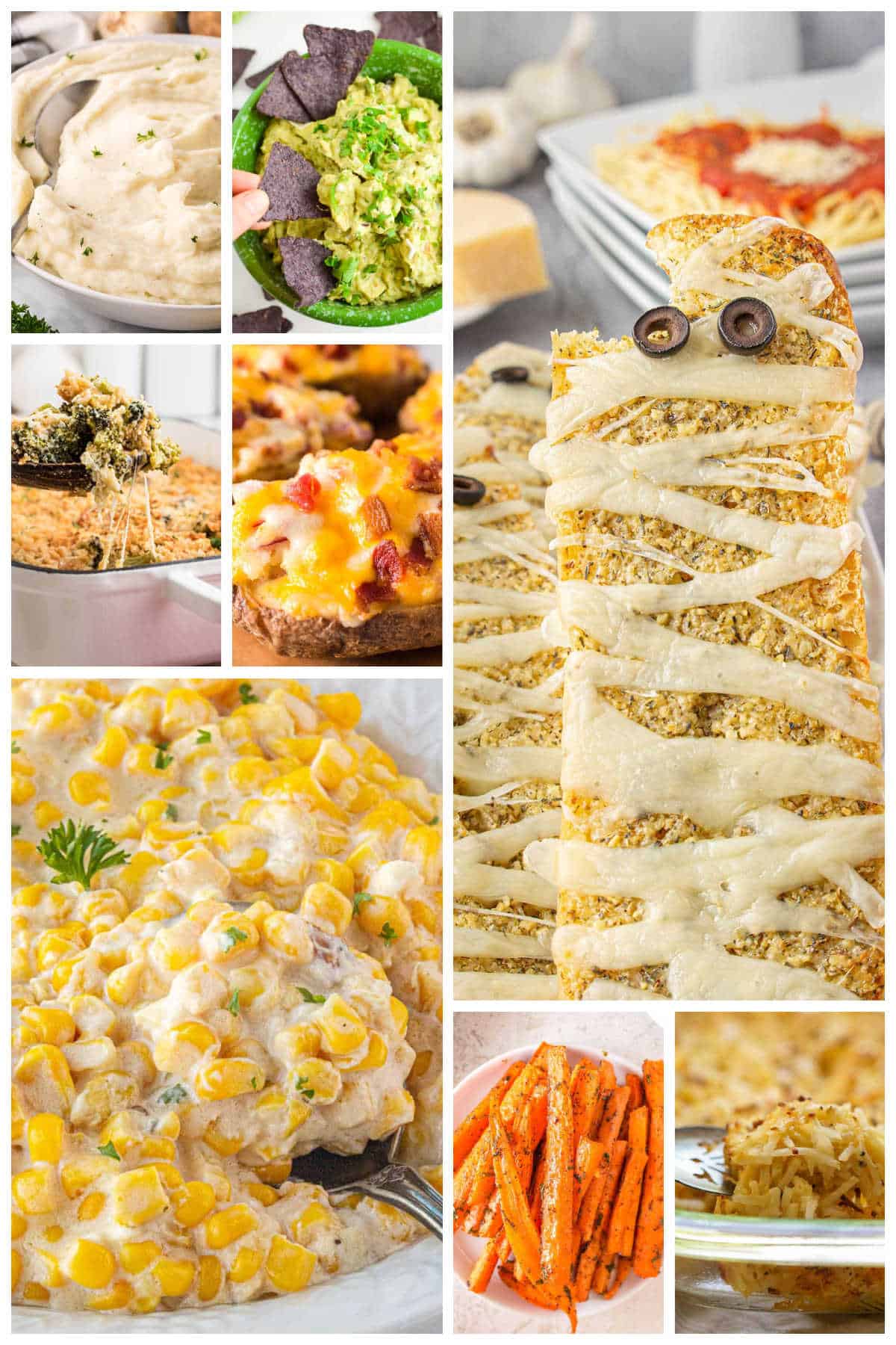 Close-up collage of family-friendly side dishes including mashed potatoes, guacamole with blue corn chips, Halloween mummy garlic bread, cheesy spinach casserole, twice-baked potatoes, creamy corn, roasted carrots, and rice pilaf.