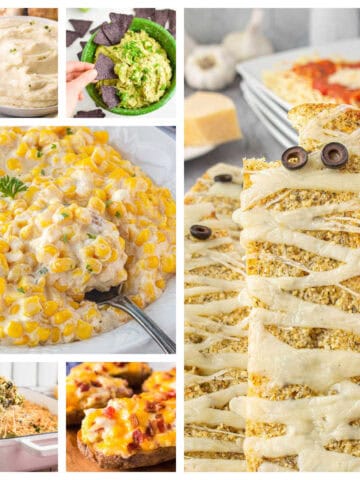 Square collage featuring mashed potatoes, guacamole, Halloween garlic bread mummies, cheesy corn, broccoli casserole, and loaded potato skins—kid-approved and easy to make.