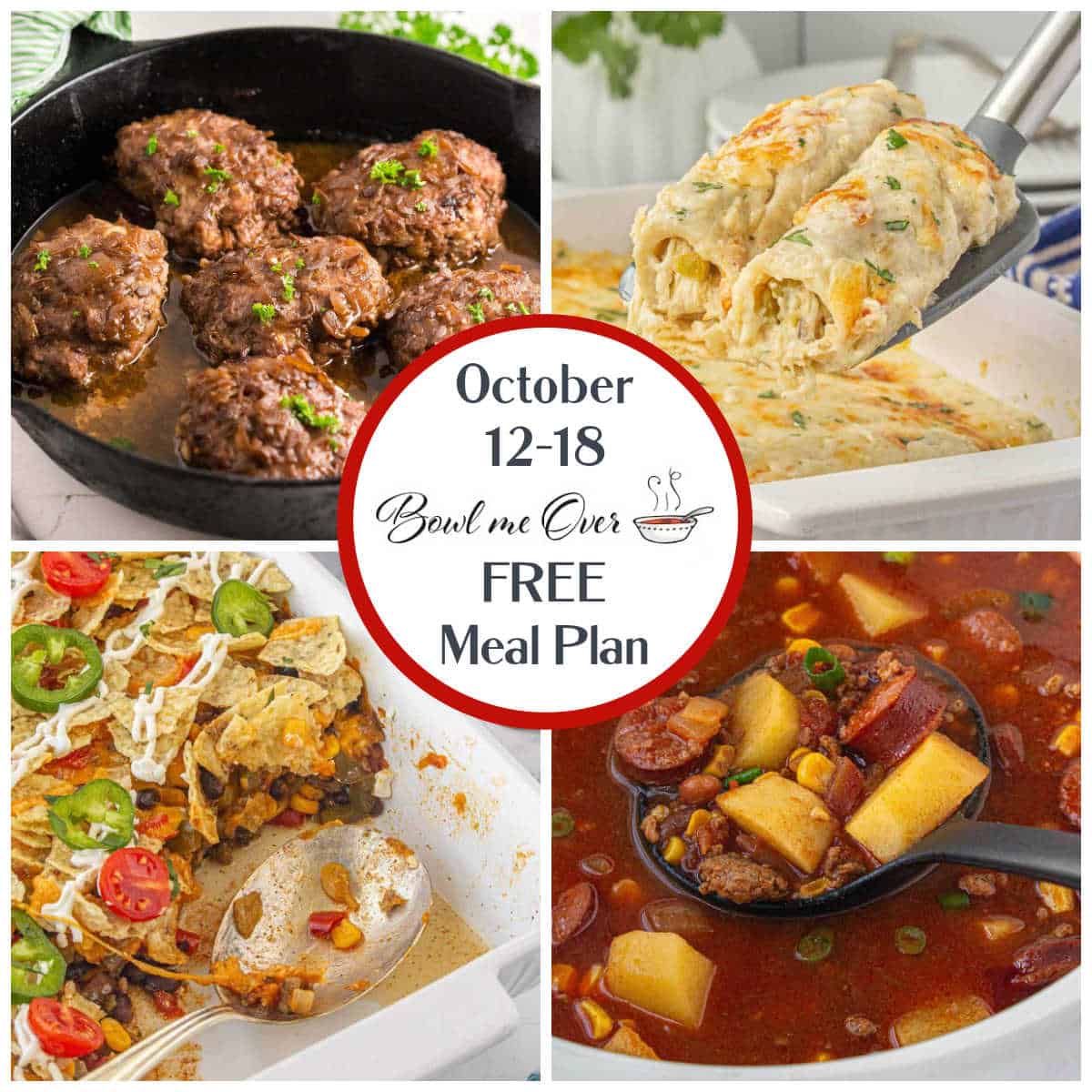 A collage of photos for weekly meal plan 42, including casseroles, chicken enchiladas, stews and salisbury steak.