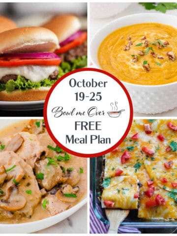A collage of photos for the Bowl Me Over Weekly Meal Plan. With print overlay for clarification.