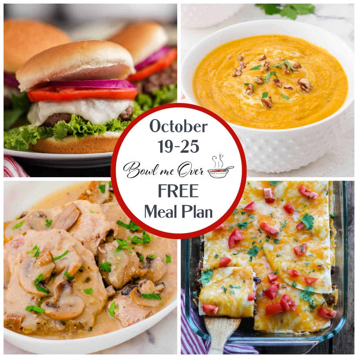 A collage of photos for the Bowl Me Over Weekly Meal Plan. With print overlay for clarification.