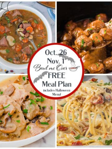 A collage of four photos, bean soup, crockpot meatballs, angel chicken casserole and homemade hamburger helper for Weekly Meal Plan 44.