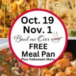 A collage of four photos, bean soup, crockpot meatballs, angel chicken casserole and homemade hamburger helper for Weekly Meal Plan 44 for Pinterest Pin.