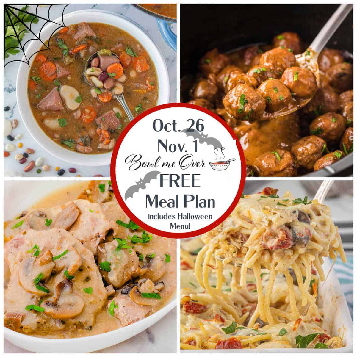 A collage of four photos, bean soup, crockpot meatballs, angel chicken casserole and homemade hamburger helper for Weekly Meal Plan 44.