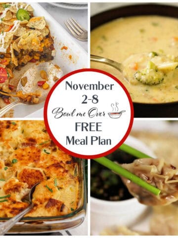 Square collage of hearty fall recipes-broccoli cheddar soup, cheesy potato casserole, veggie-loaded nacho casserole, and soy dipping wontons-with a central circle labeled