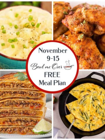 Four-image collage for Bowl Me Over's free weekly meal plan, November 9-15, featuring mashed potatoes in a teal bowl, crispy baked chicken thighs, stacked beef quesadillas, and a golden asparagus frittata in a cast iron skillet.