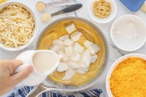A hand pouring milk into a pan filled with cubed cream cheese and condensed soup, with shredded cheese and seasonings nearby to make a cheese sauce.