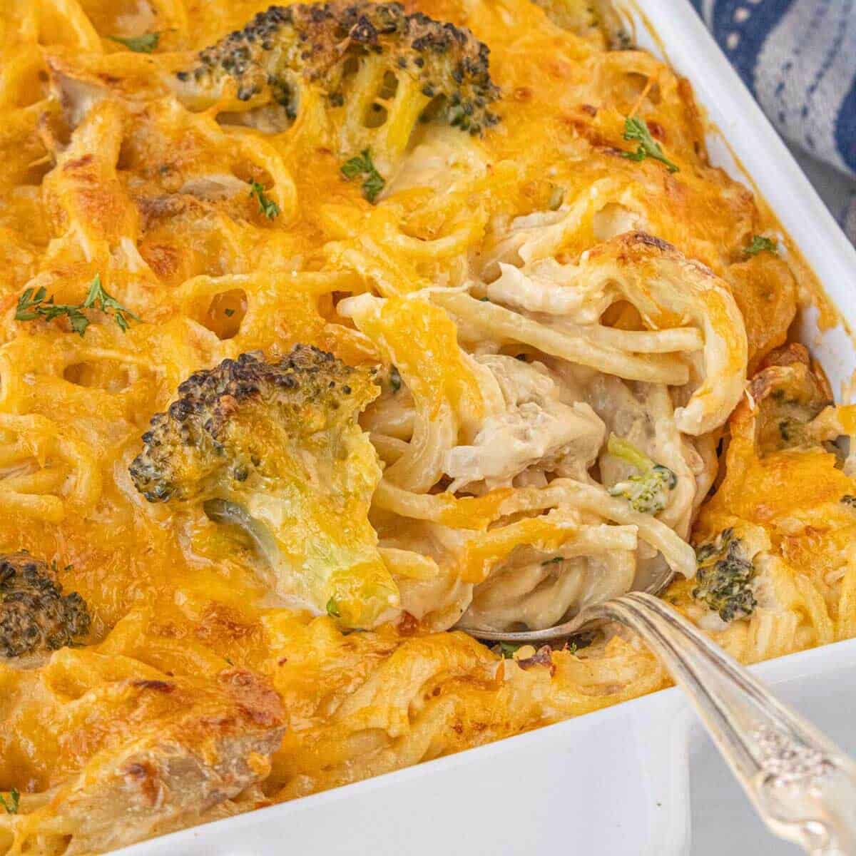 A close-up of cheesy baked broccoli chicken spaghetti in a casserole dish, showing creamy noodles, tender broccoli, and melted cheddar cheese.
