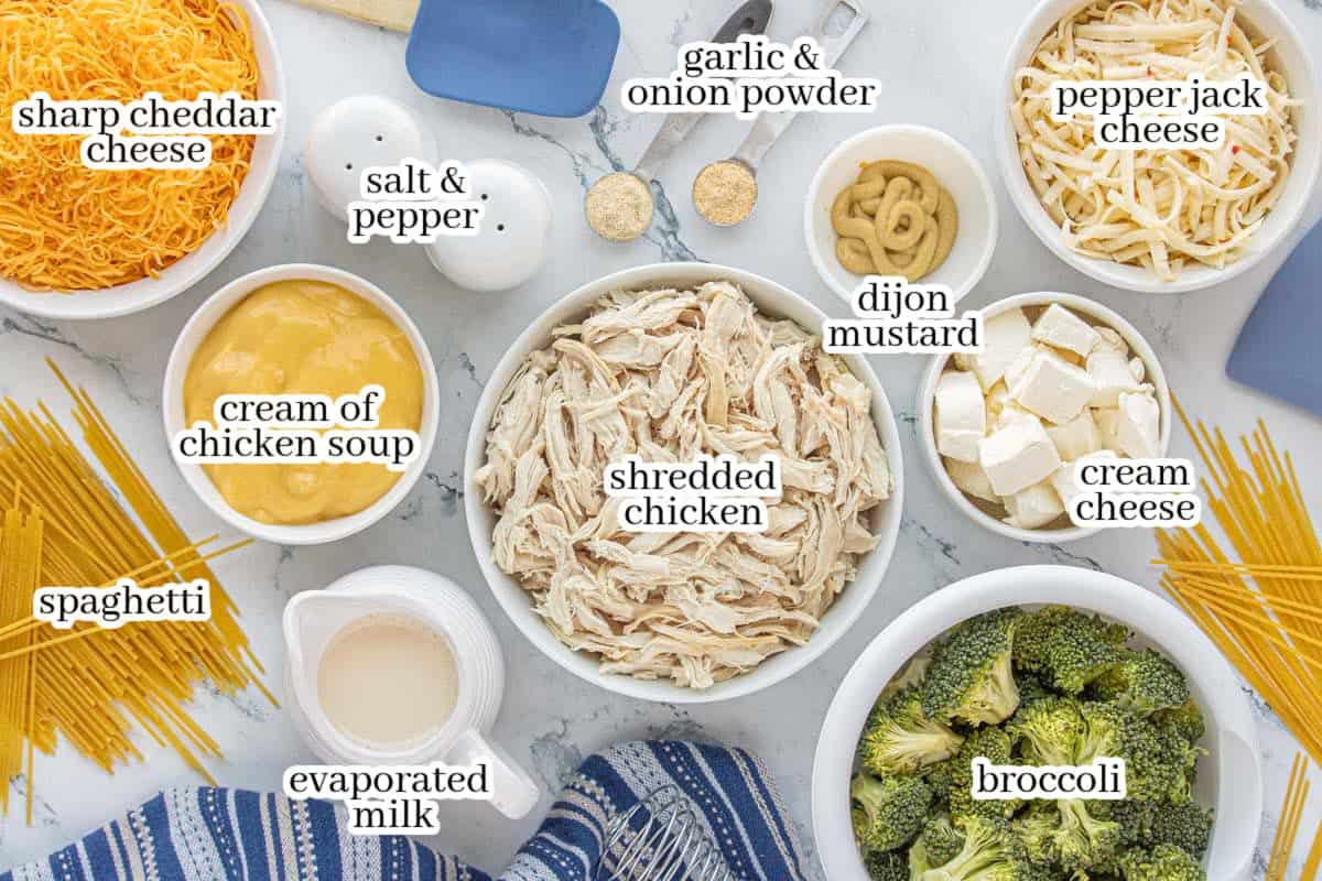 All of the ingredients to make the casserole on a white marble counter. With print overlay for clarification.