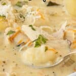 A bowl filled with creamy chicken gnocchi soup with a serving spoon and print overlay for clarification.