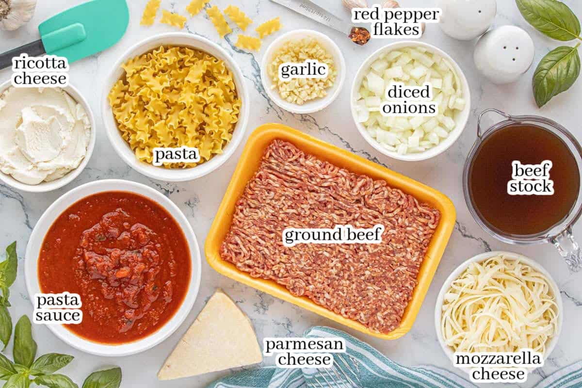 All of the ingredients to make the copycat hamburger helper recipe. With print overlay for clarification.